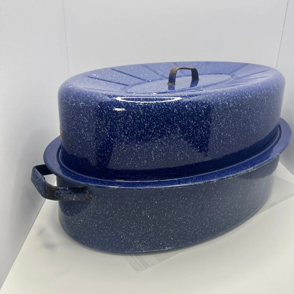 Antique Blue Speckled Enamelware Roasting Pan High Dome Lid Deep Form Farmhouse